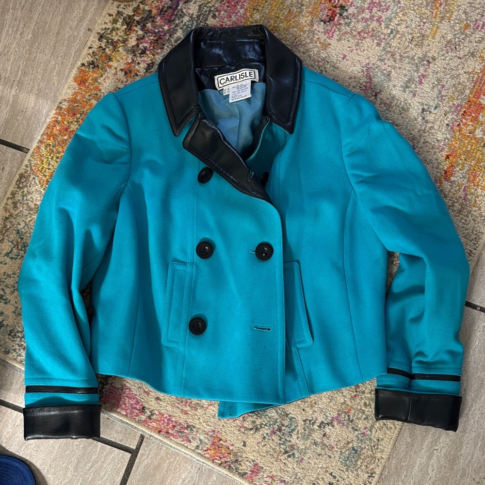 Carlisle Women's Teal and Black Leather Trim Pea Coat US10